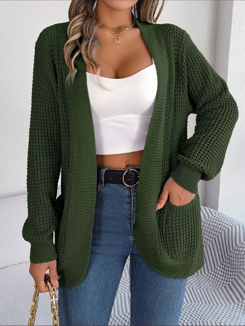Chunky Knit Open Front Cardigan with Pockets, image 20