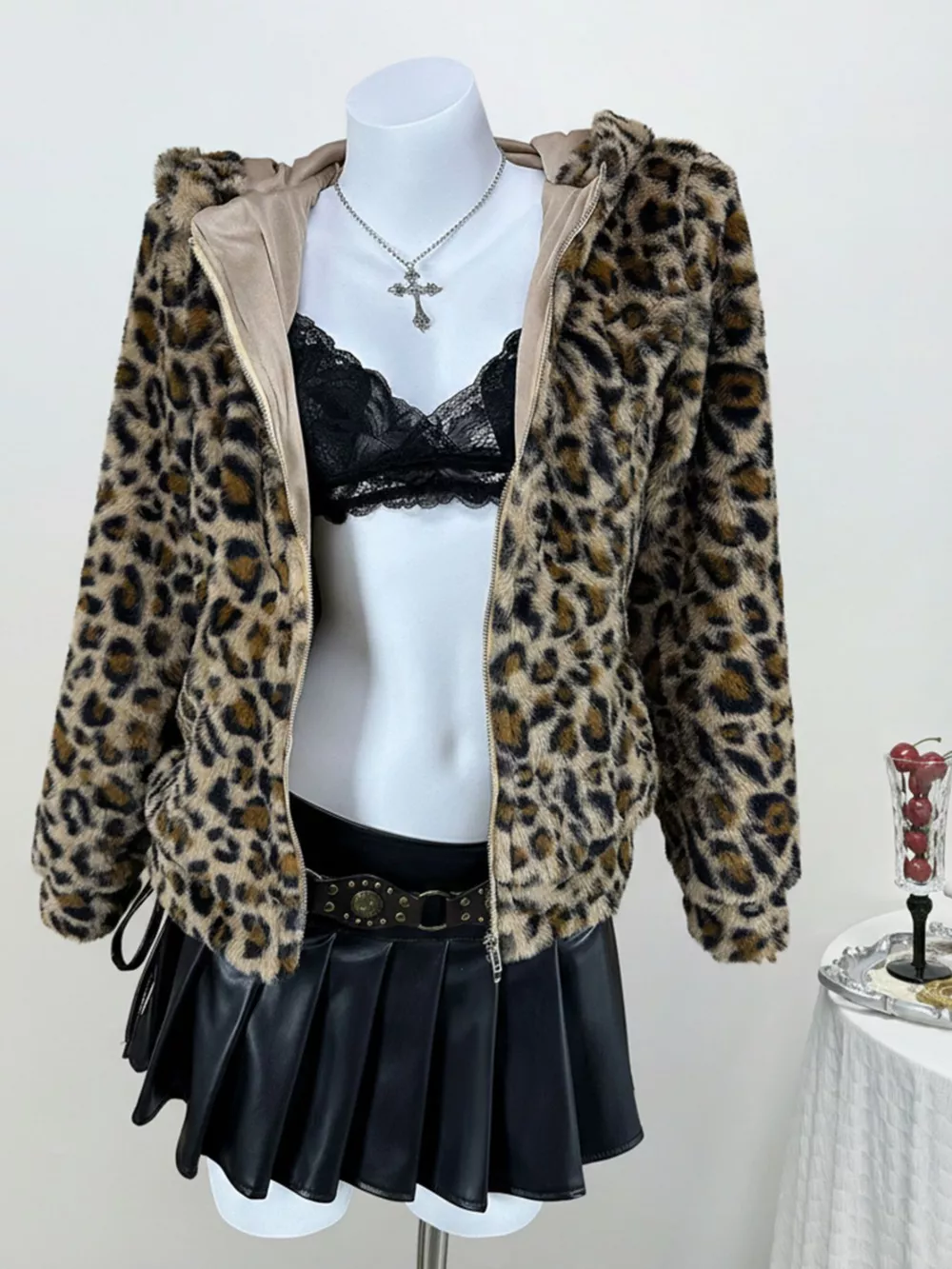 Leopard Plush Zip-Up Hooded Outerwear, image 4