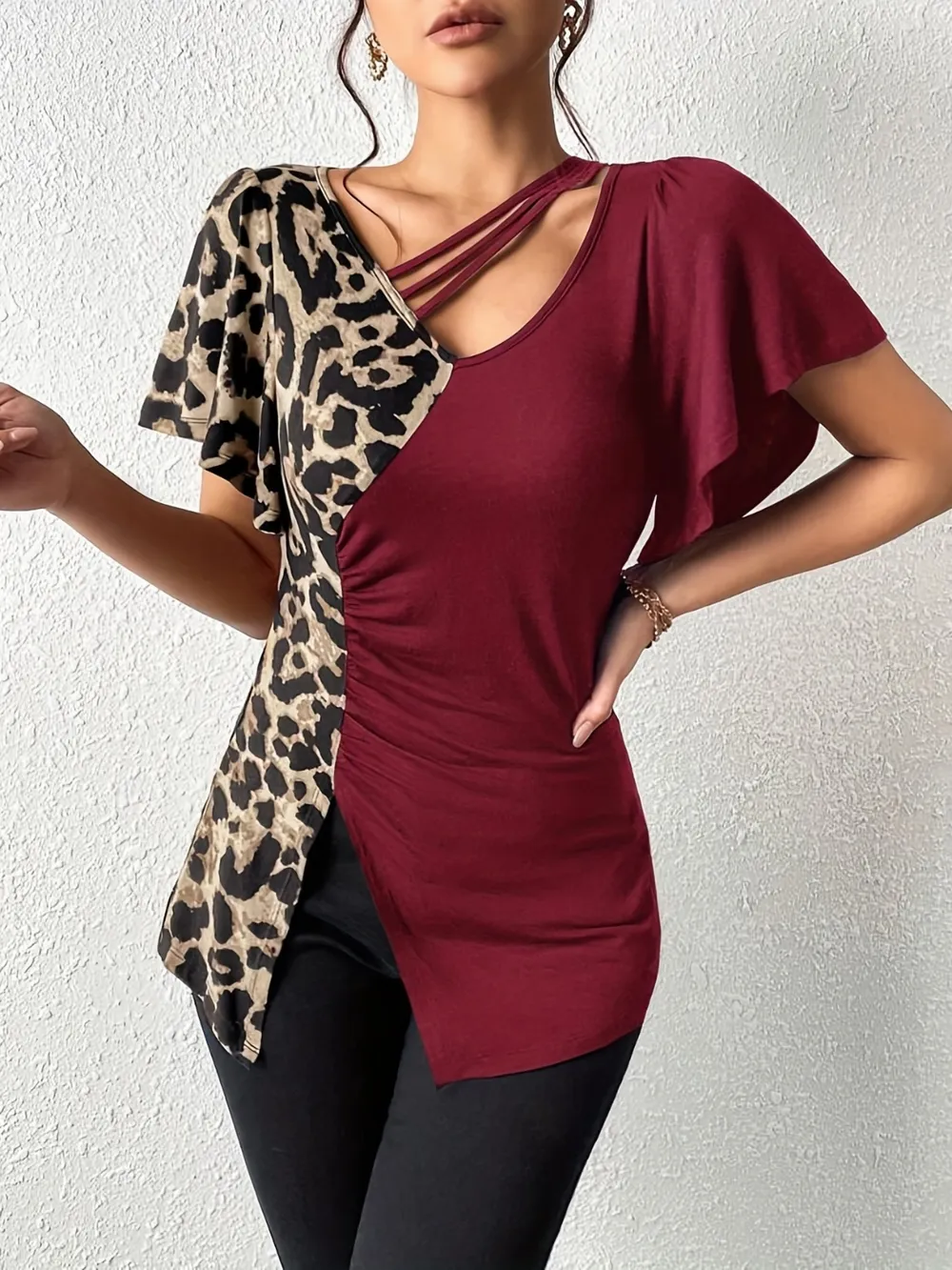 Ruched Leopard Flutter Sleeve T-Shirt, image 10