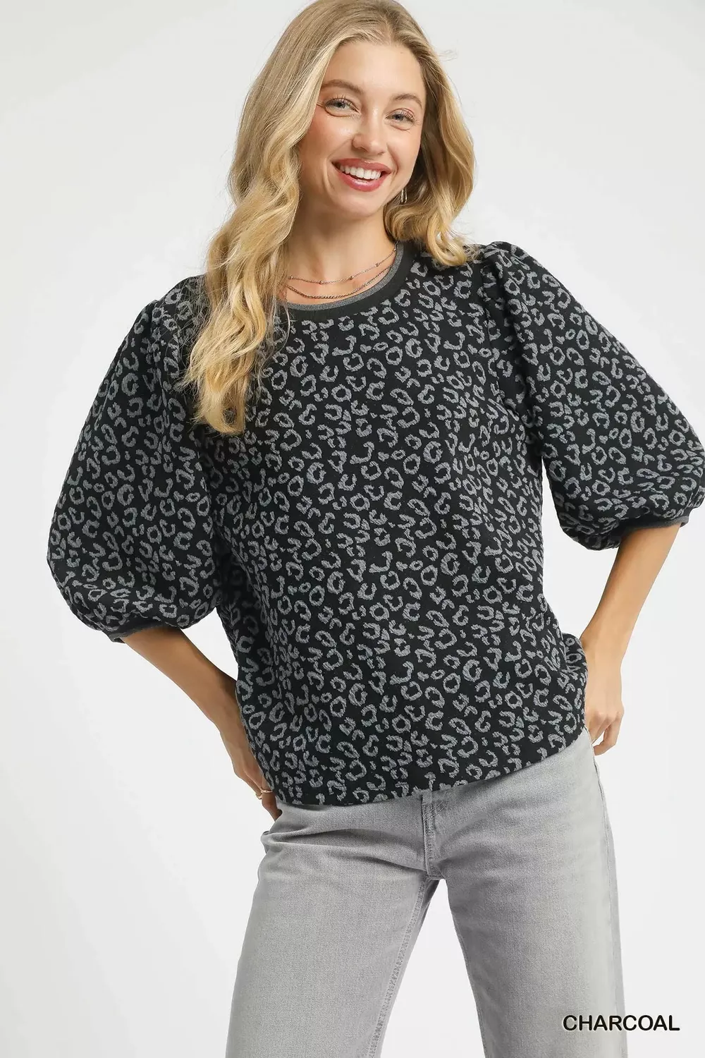 Leopard Print Jacquard Blouse with Puff Sleeves