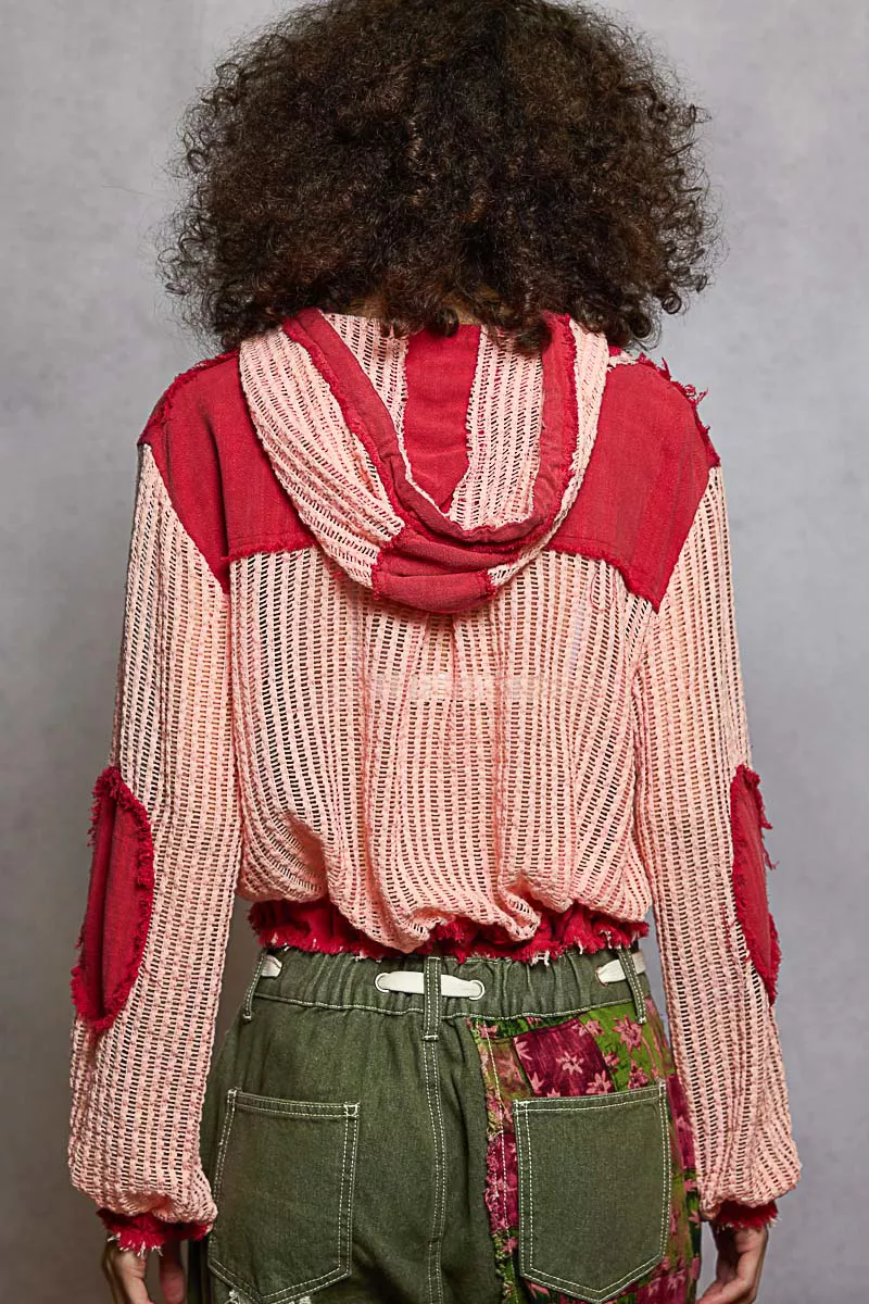 Texture Woven Button Down Hooded Shirt with Drawstring Hem, image 4