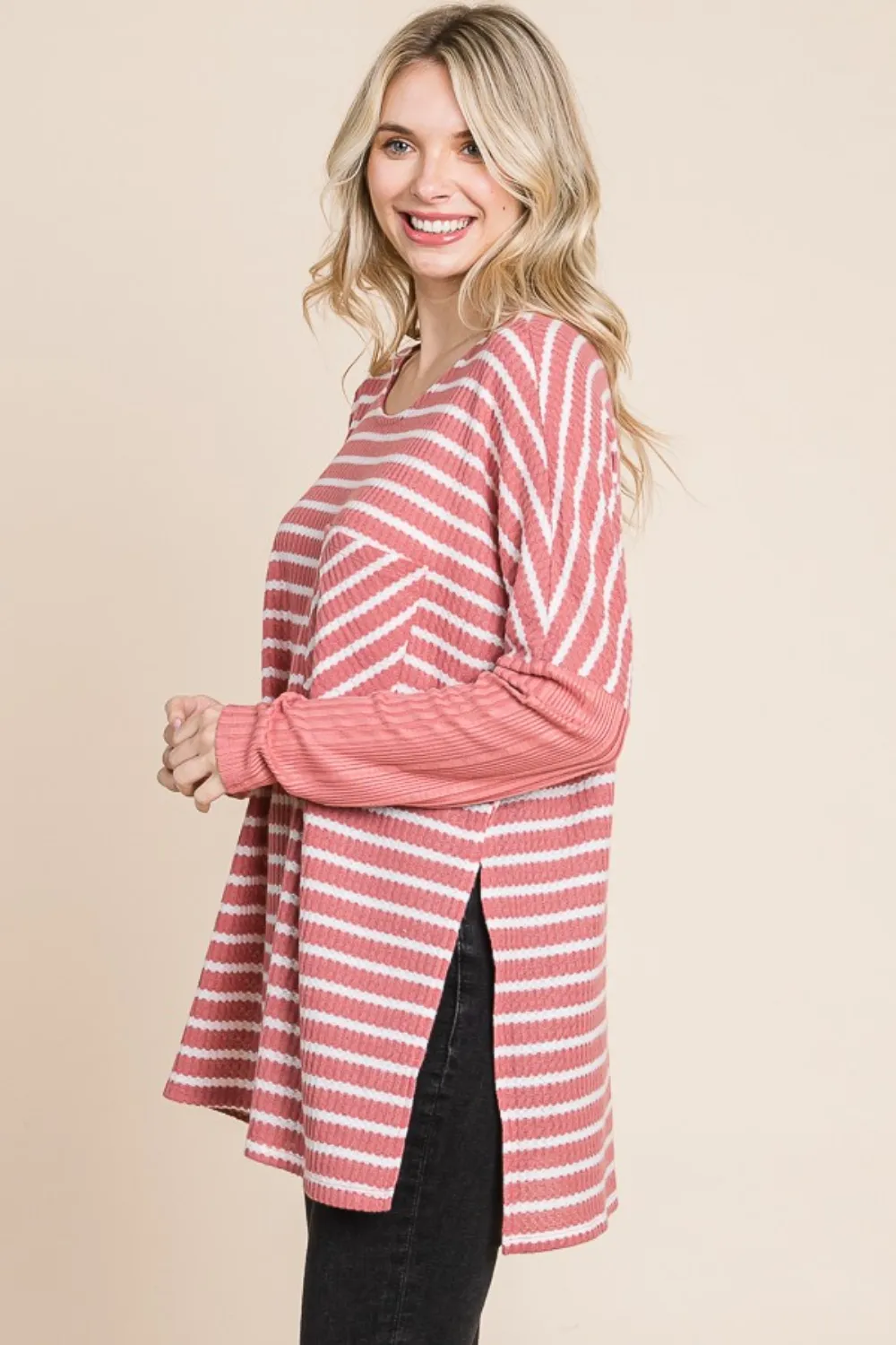 Oversize Striped Round Neck Long Sleeve Slit T-Shirt, image 2