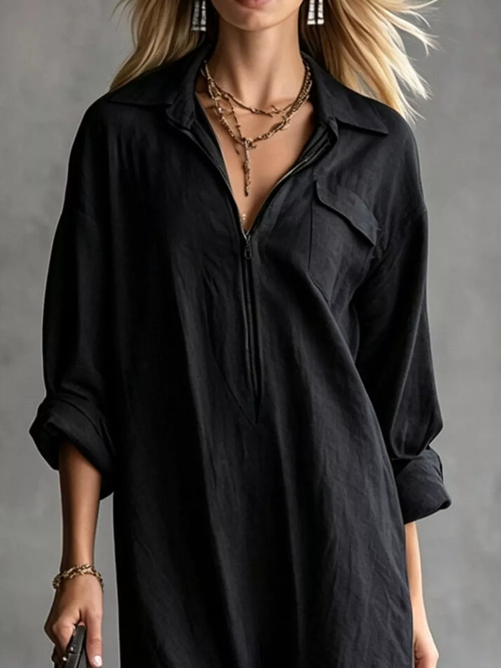 Zipper-Front Fringe Hem Midi Dress, image 11