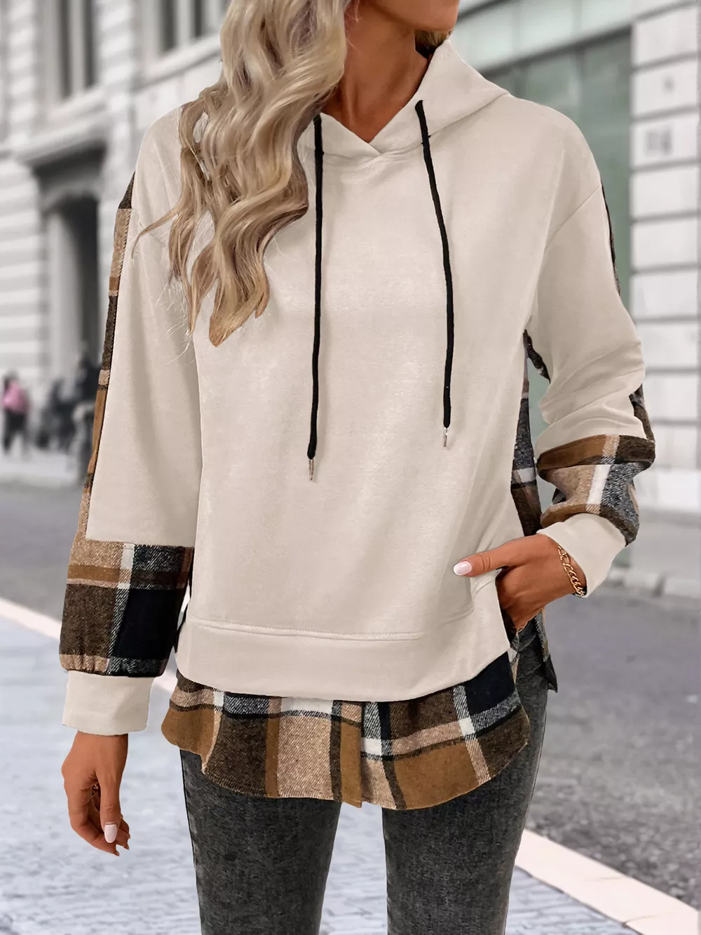 Plaid Drawstring Long Sleeve Hoodie, image 19