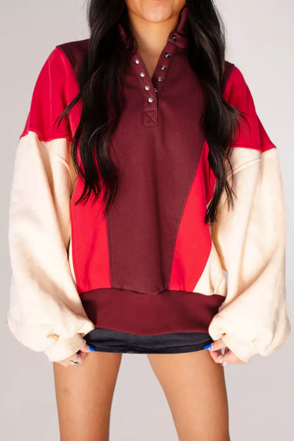 Color-Block Snap-Button Oversized Sweatshirt, image 2
