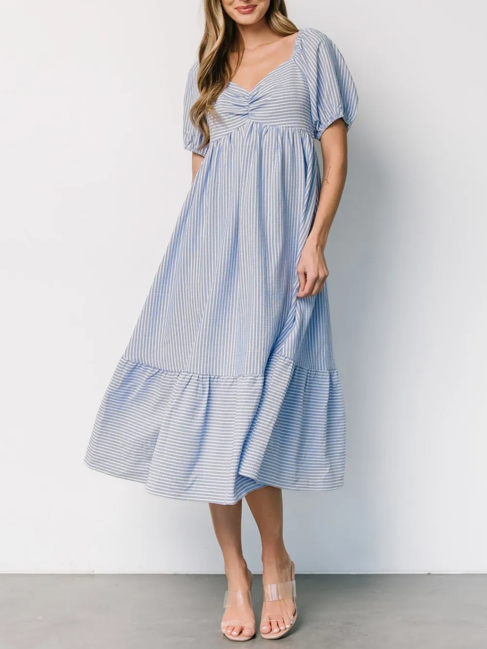 Striped Sweetheart Neck Puff Sleeve Midi Dress, image 4