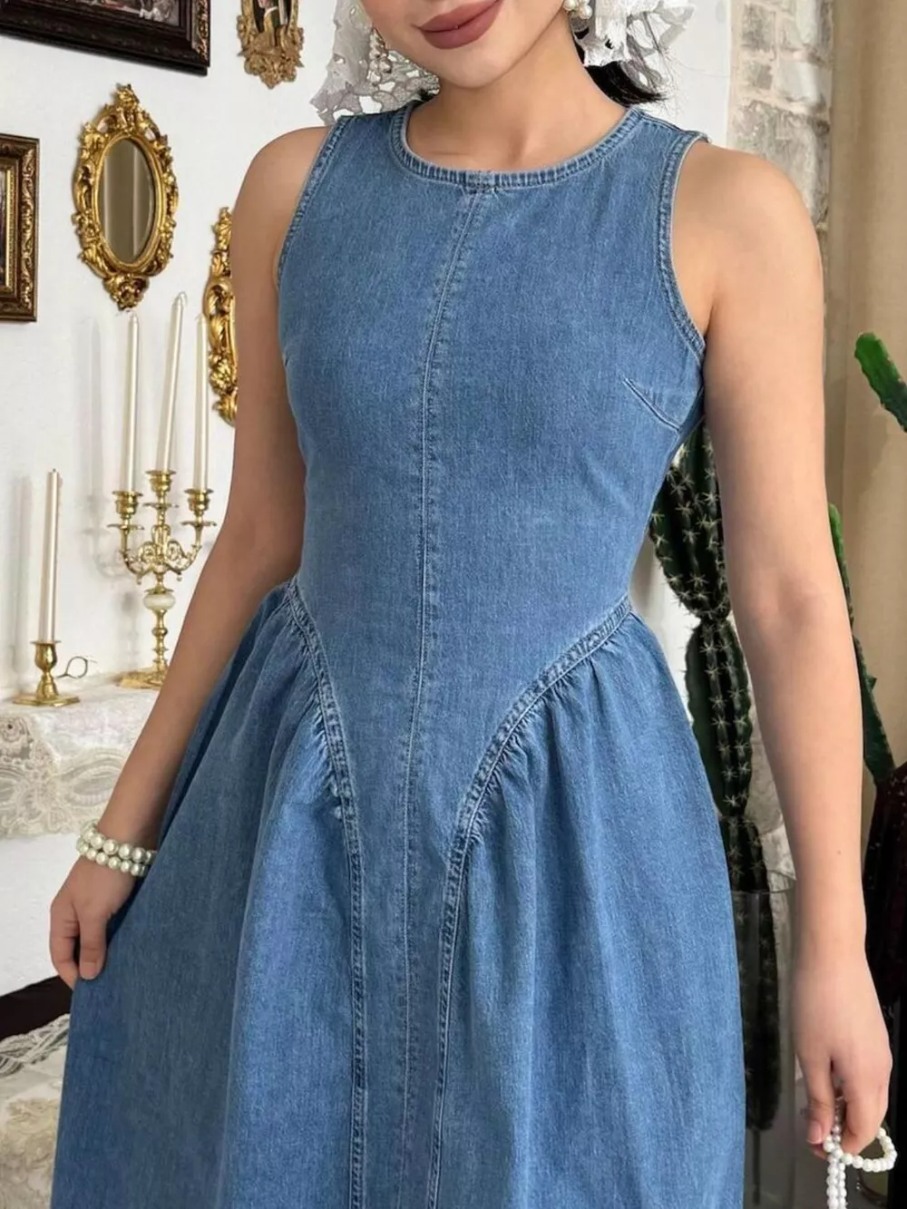 Sleeveless A-Line Denim Midi Dress, image 6