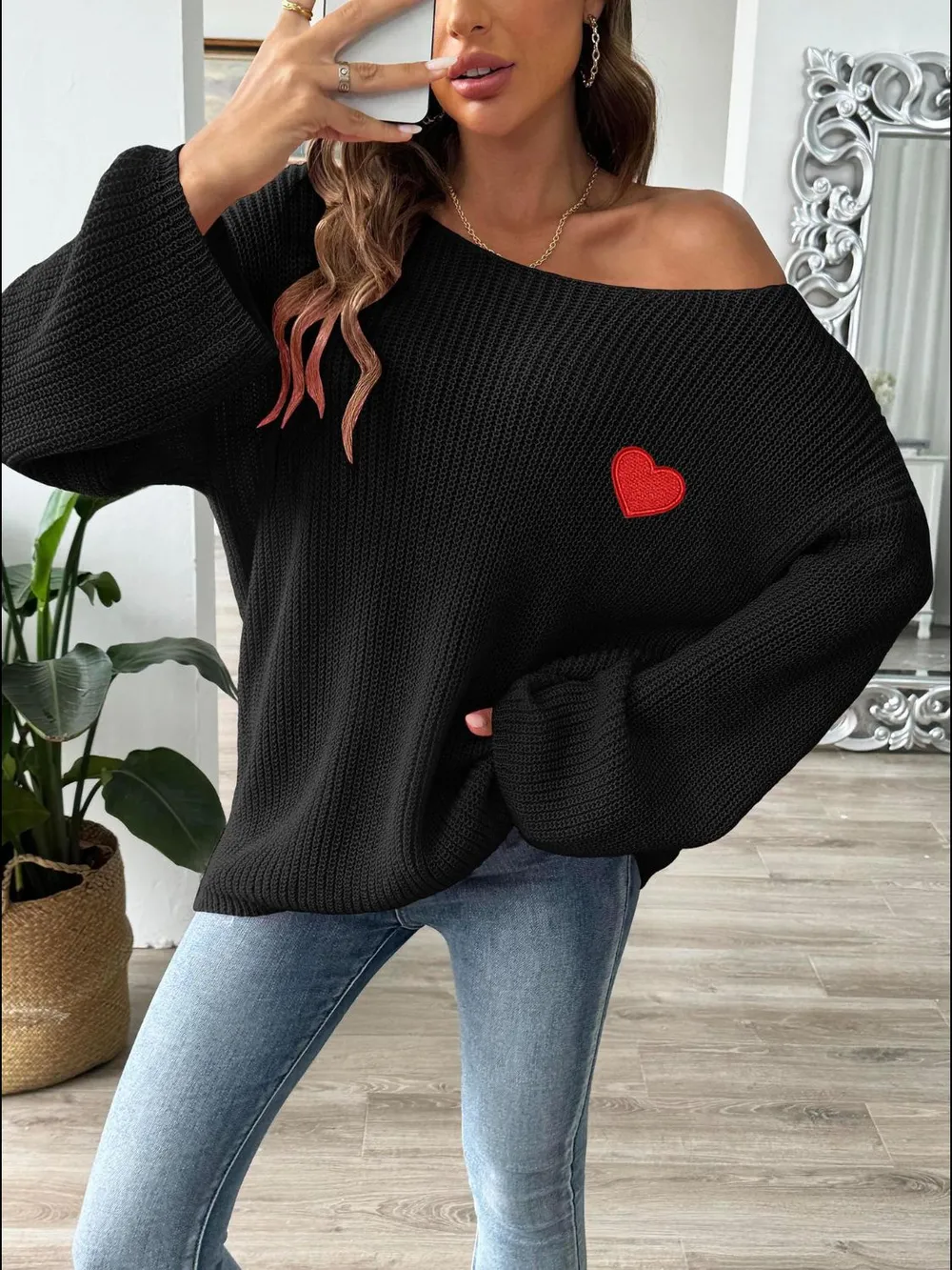 Heart Boat Neck Dropped Shoulder Sweater, image 3