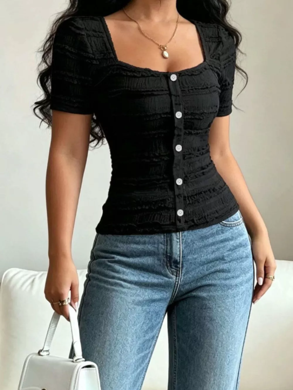 Frill Square Neck Short Sleeve Top, image 4
