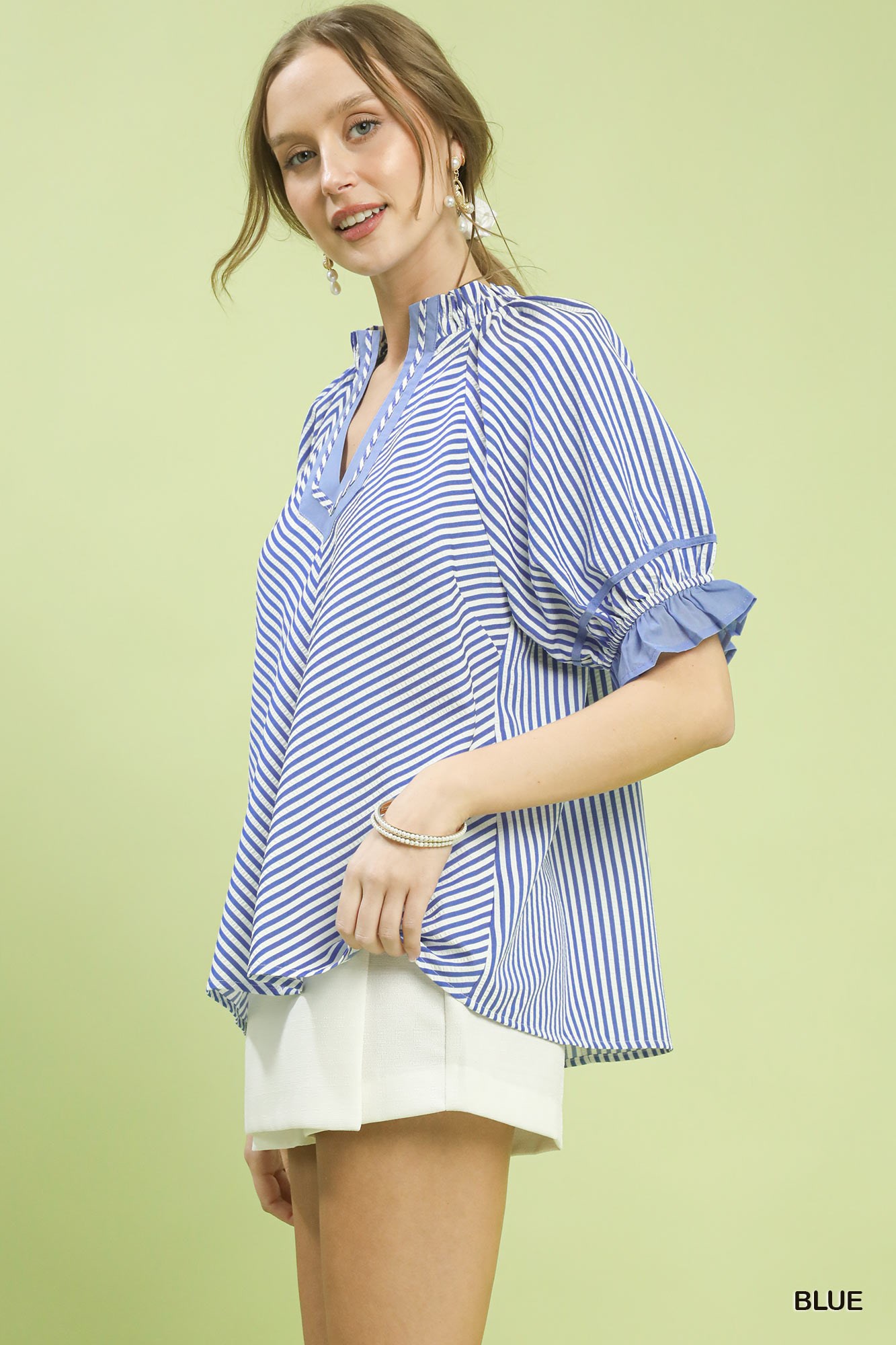 Stripe Ruffle Sleeve Split-Neck Blouse, image 6