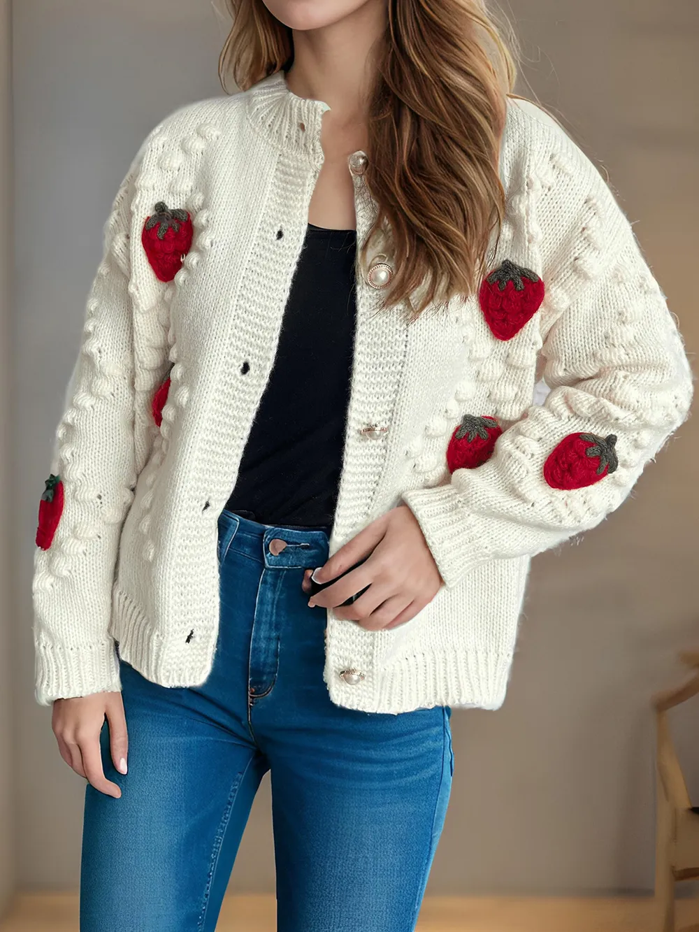 Strawberry Button Down Long Sleeve Cardigan, image 5
