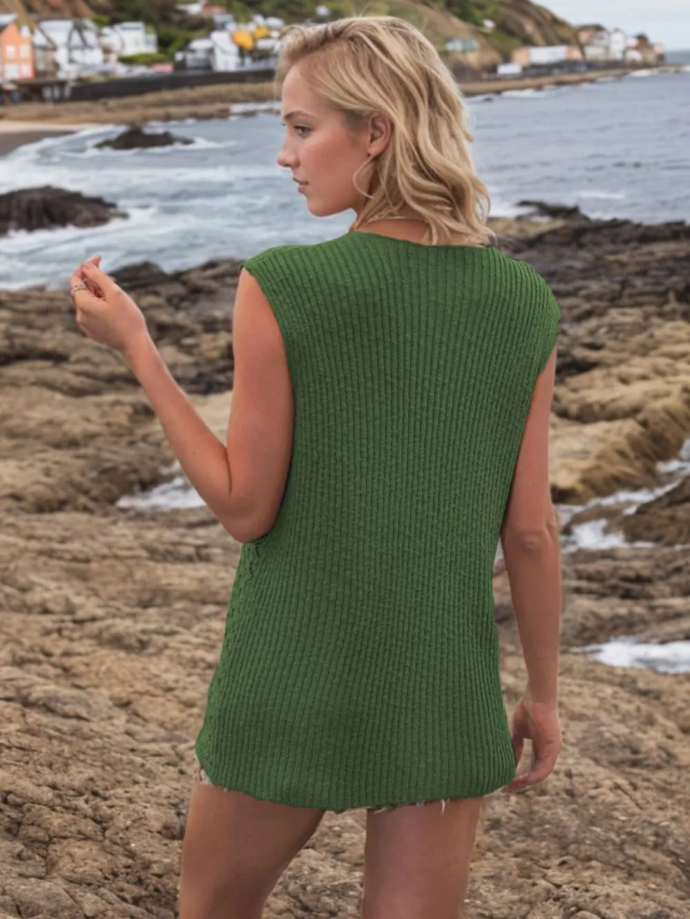 Button Down Eyelet V-Neck Sweater Vest, image 16