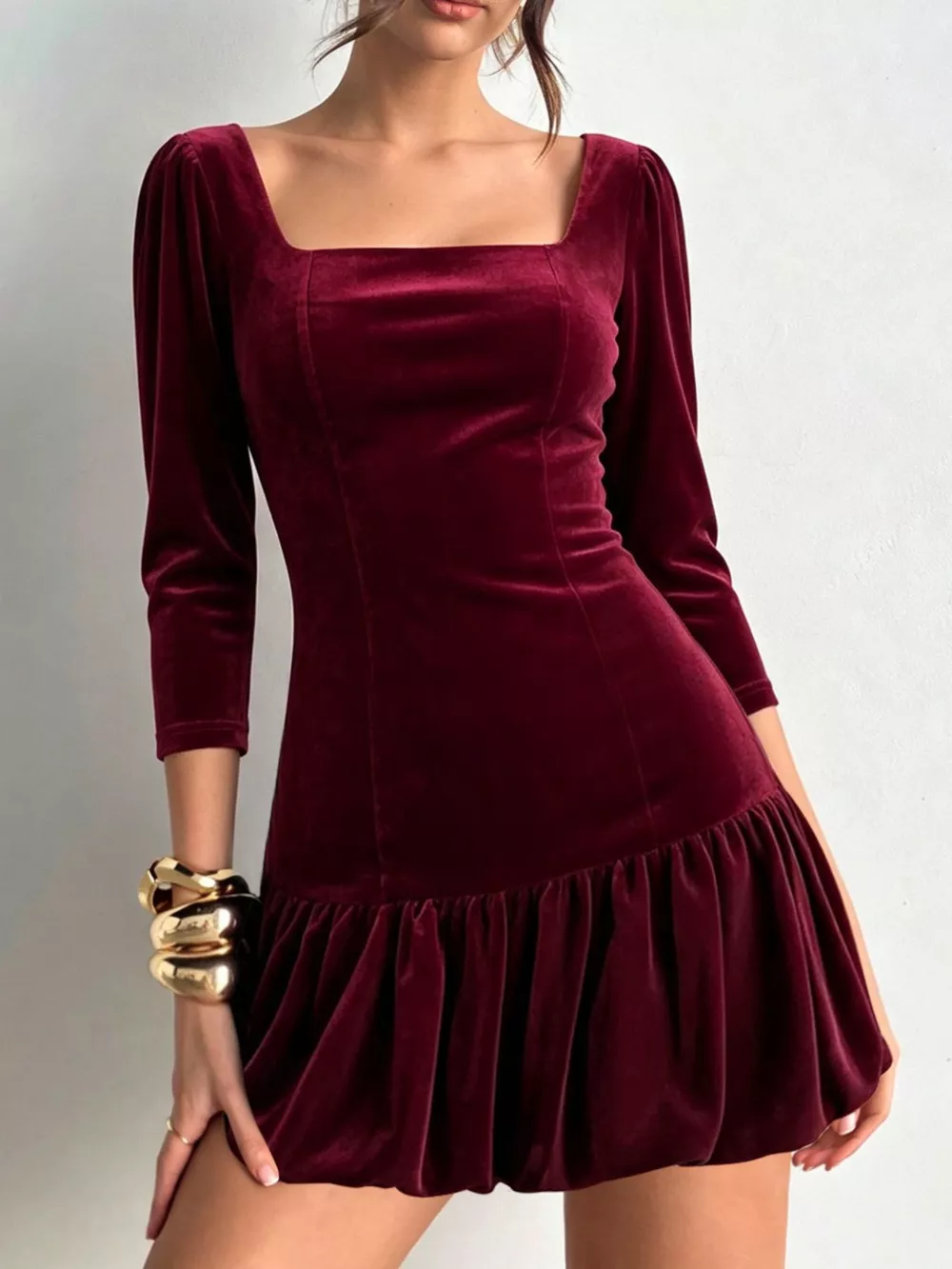 Christmas Velvet Square Neck Mini Dress with Ruffled Hem, image 3