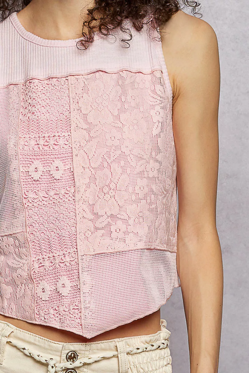 Ribbed Round Neck Cropped Tank with Lace Detail, image 7