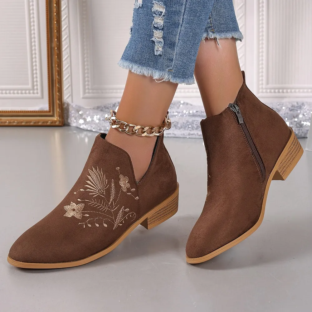 Embroidered Suede Point Toe Block Heel Boots, image 2