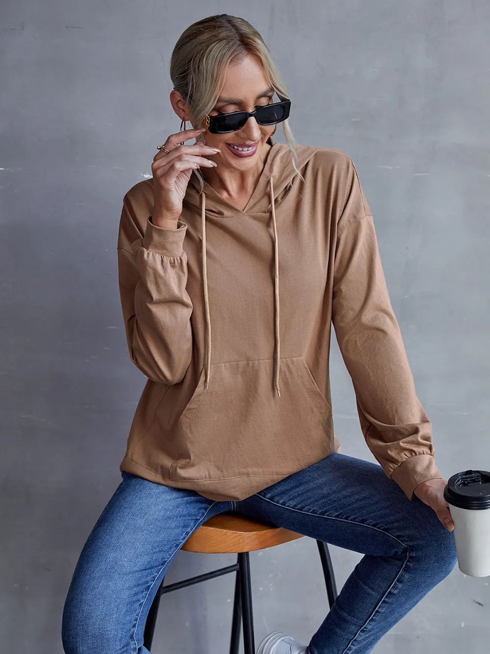 Drawstring Pocketed Dropped Shoulder Hoodie, image 10