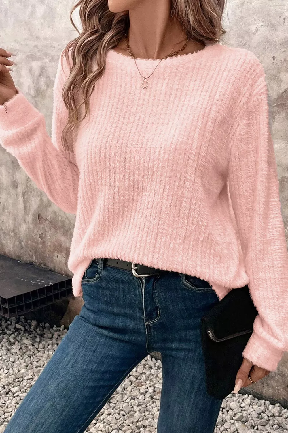 Fuzzy Ribbed Texture Round Neck Long Sleeve Top, image 5