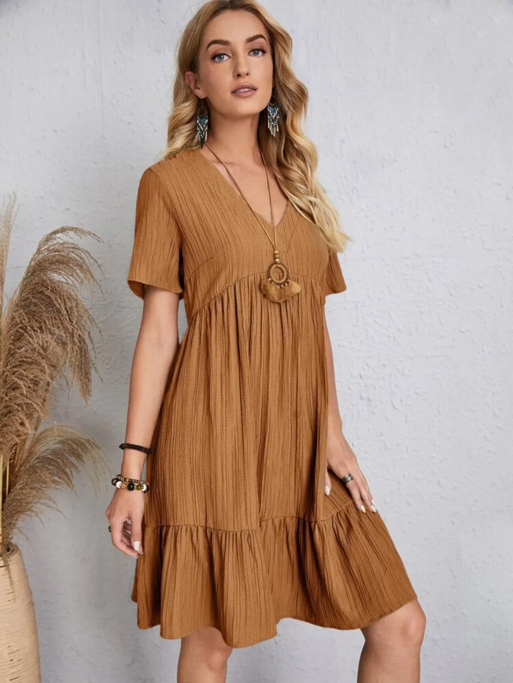 Full Size V-Neck Short Sleeve Dress, image 19
