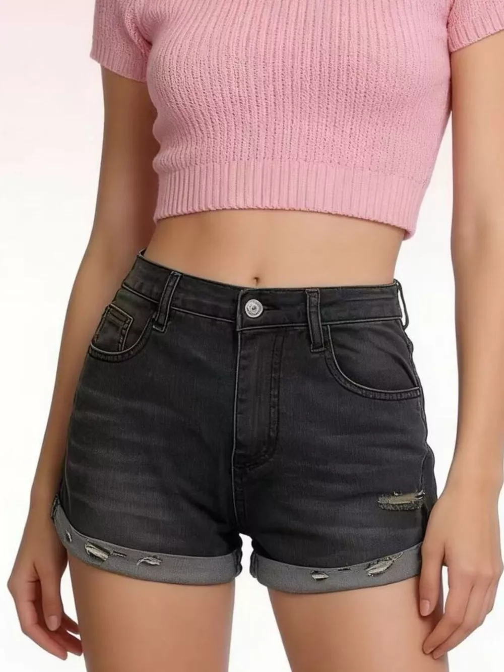 Distressed Denim Roll-Up Shorts, image 4