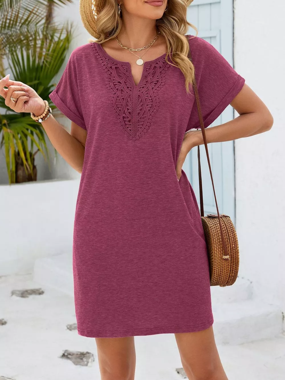 Lace Trim Notched Short Sleeve Dress, image 14