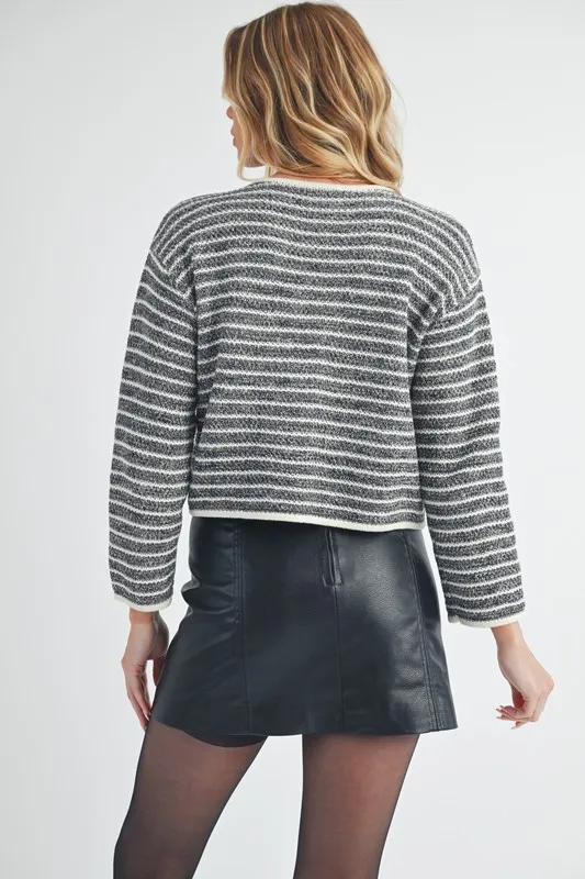 Striped Button Down Round Neck Cardigan, image 6