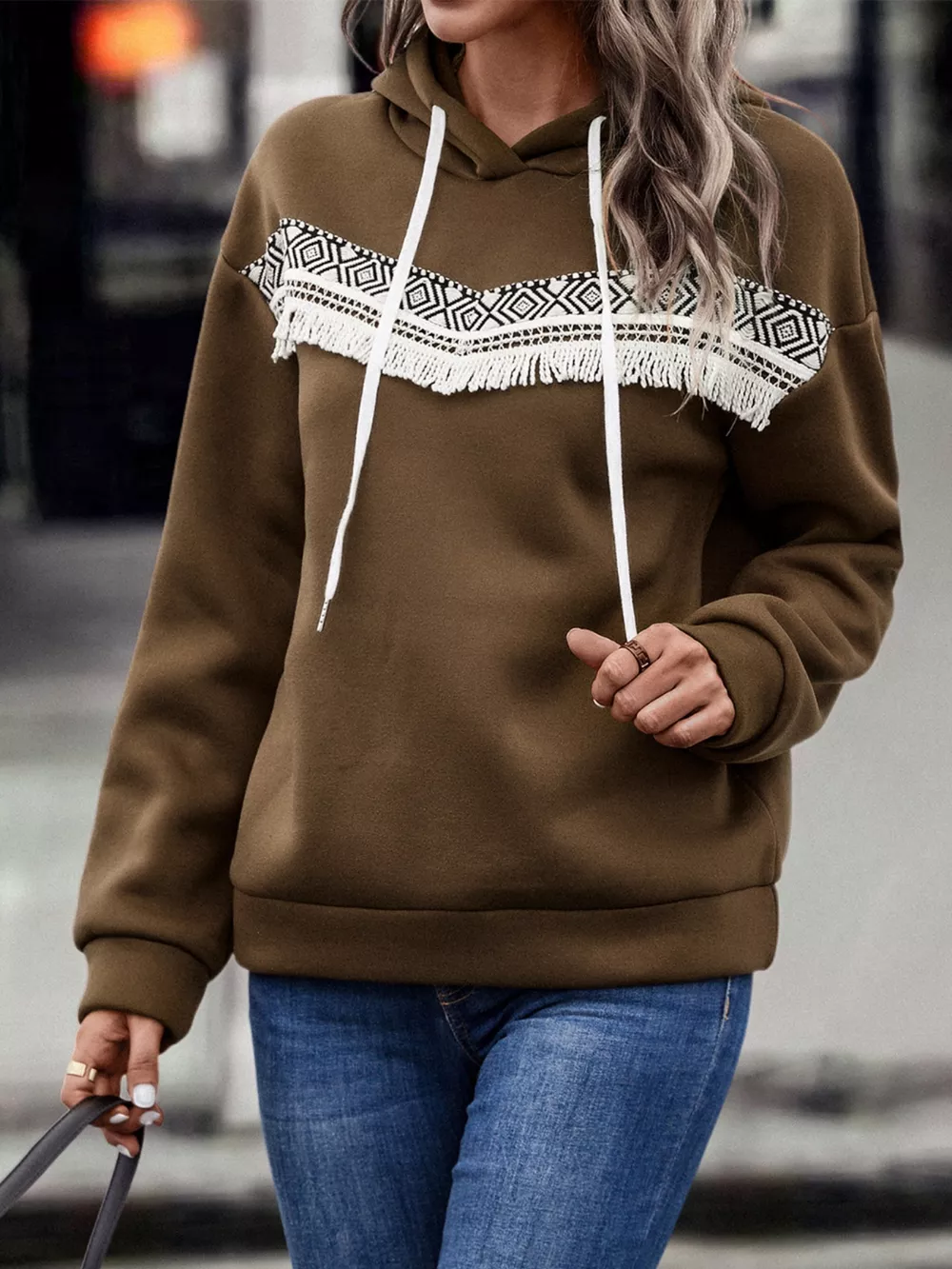 Fringe Detail Long Sleeve Drawstring Hoodie, image 14