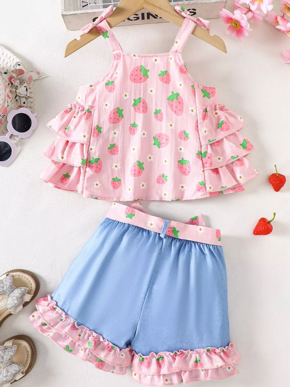 Children's Strawberry Print Ruffled Cami and Shorts Set, image 8