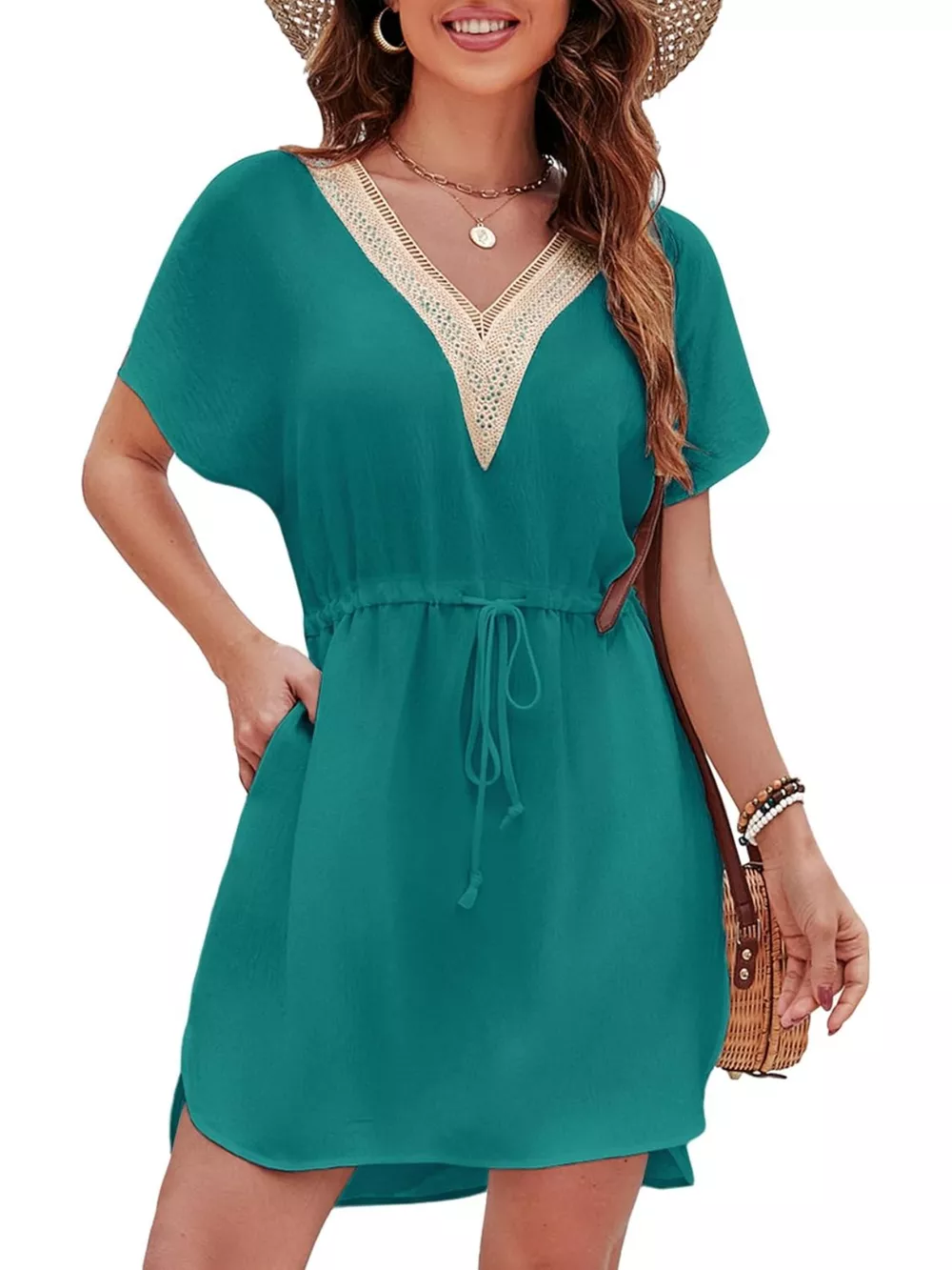 Drawstring Waist V-Neck Mini Dress, image 2