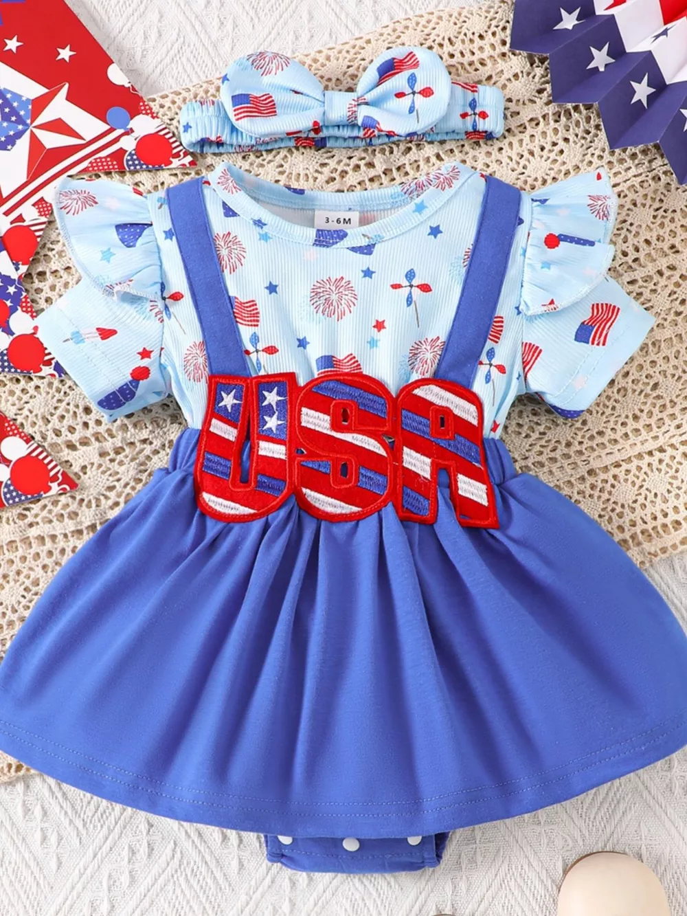 Children's Patriotic USA Ruffle Sleeve One-Piece with Headband, image 2
