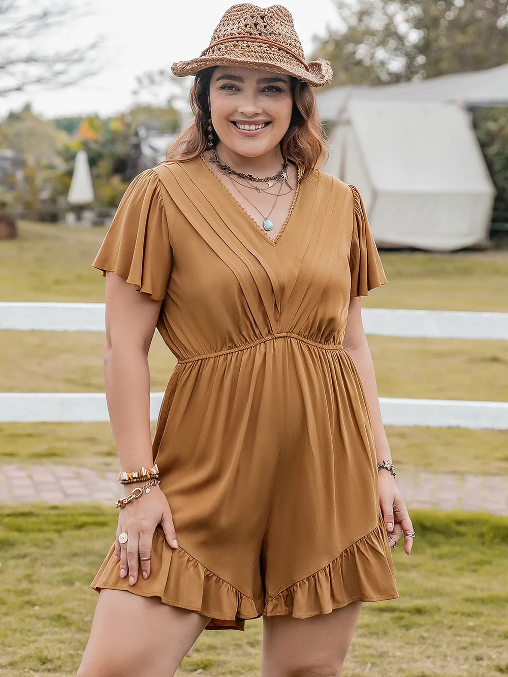 Plus Size Ruffled V-Neck Short Sleeve Romper, image 3