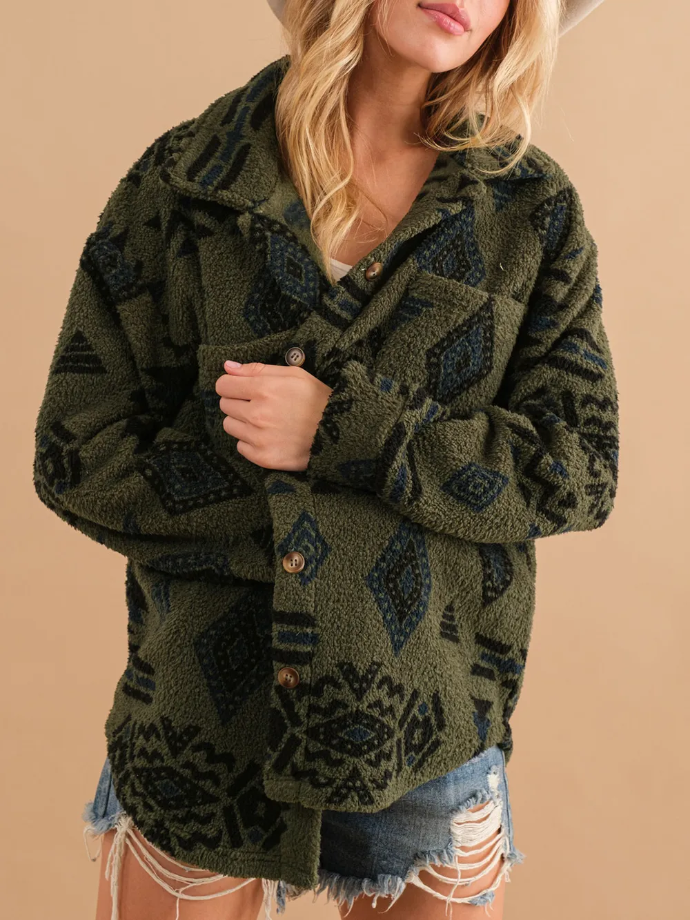 Geometric Button Up Long Sleeve Sherpa Jacket, image 9