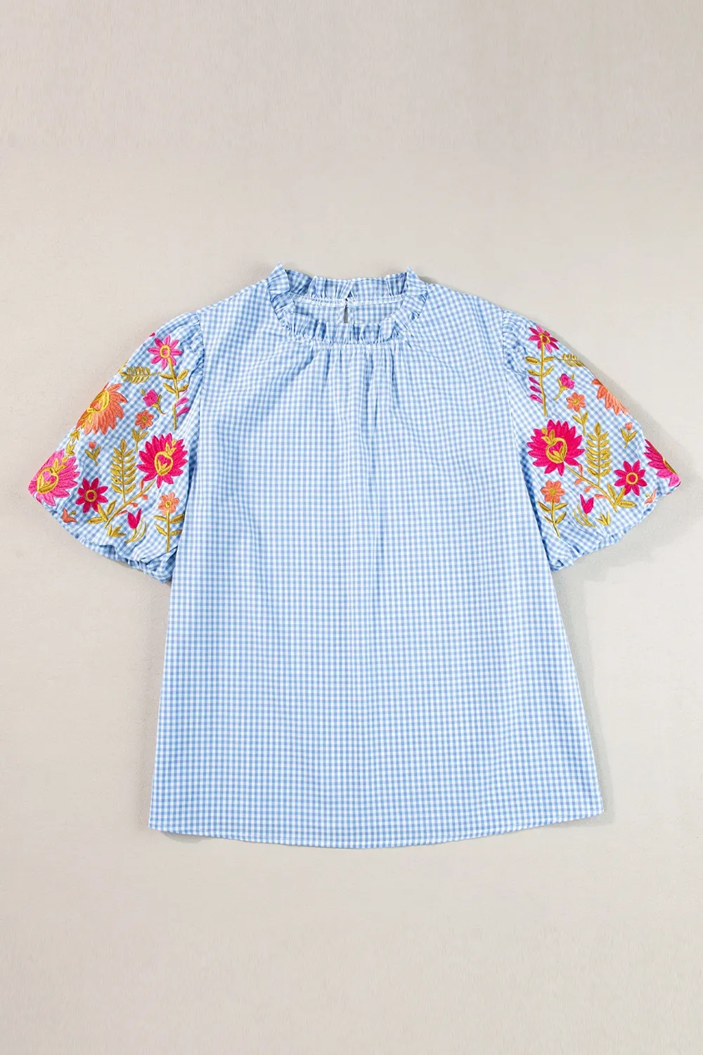 Embroidered Plaid Round Neck Short Sleeve Blouse, image 6