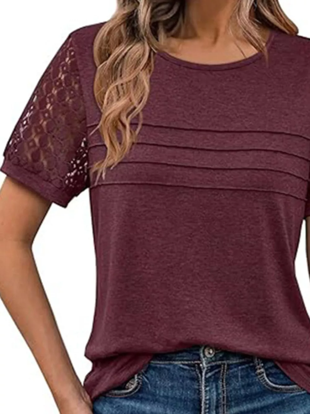Lace Short Sleeve Round Neck T-Shirt, image 9