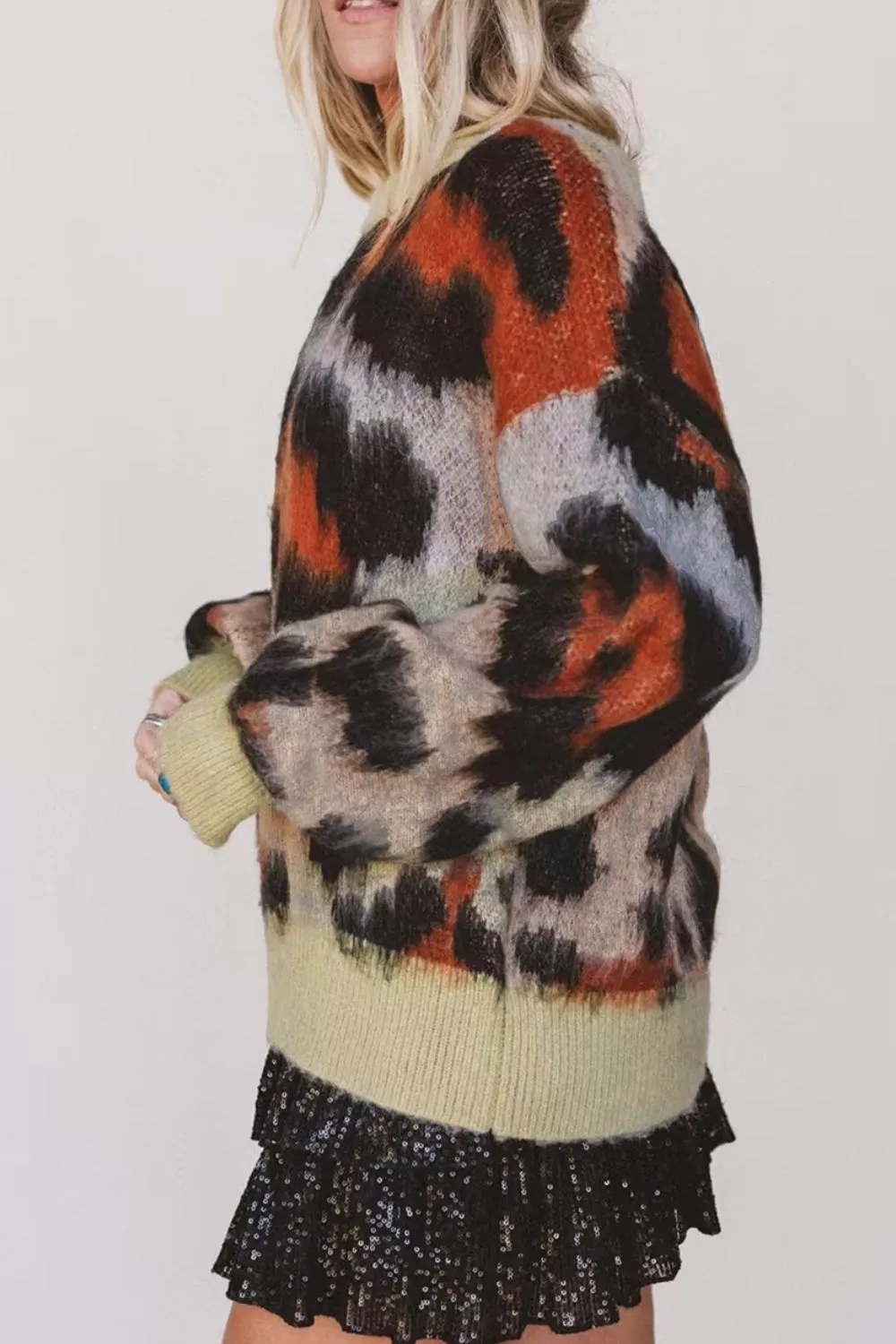 Leopard Print Drop Shoulder Long Sleeve Round Neck Sweater, image 5