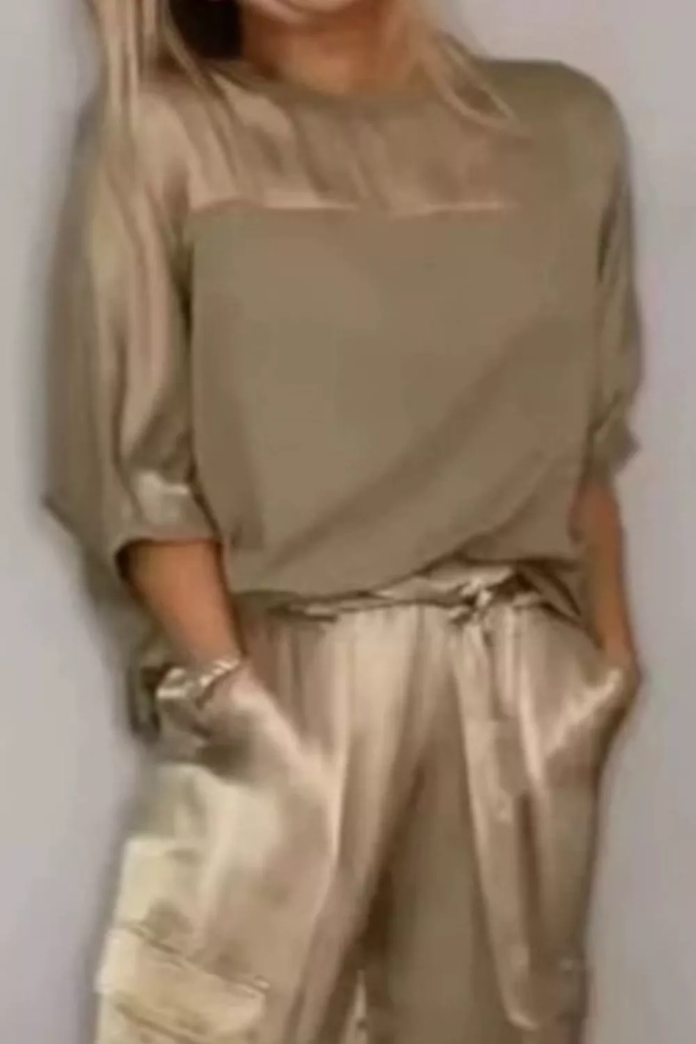 Satin Round Neck Top and Pants Set, image 3