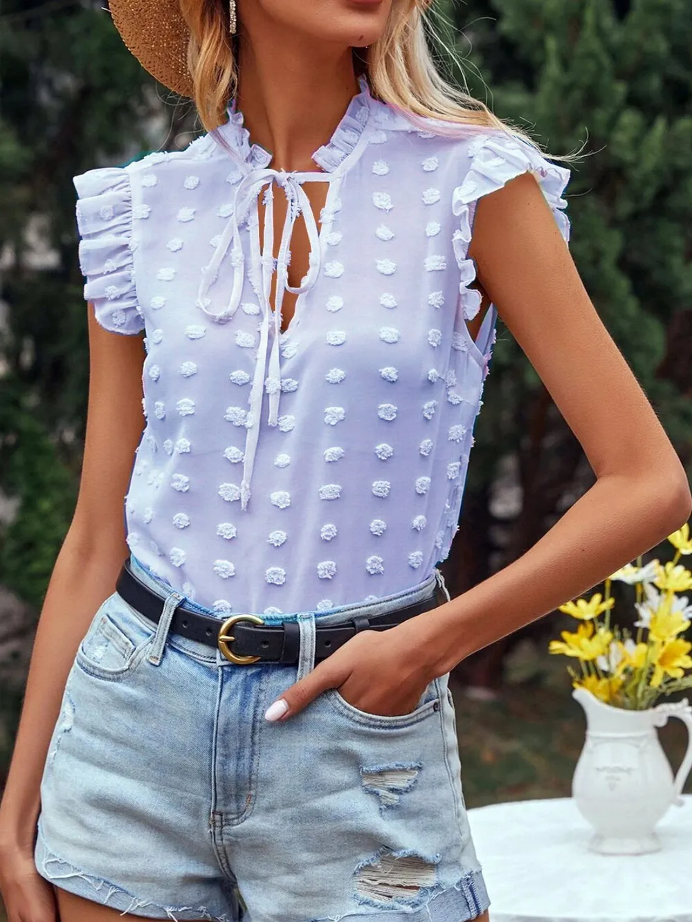 Frill Tie Neck Cap Sleeve Blouse, image 2