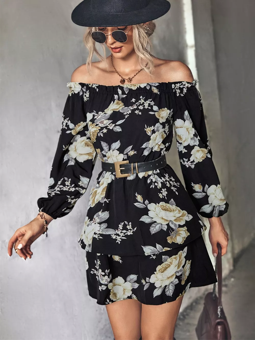 Off-Shoulder Floral Print Long Sleeve Mini Dress, image 10