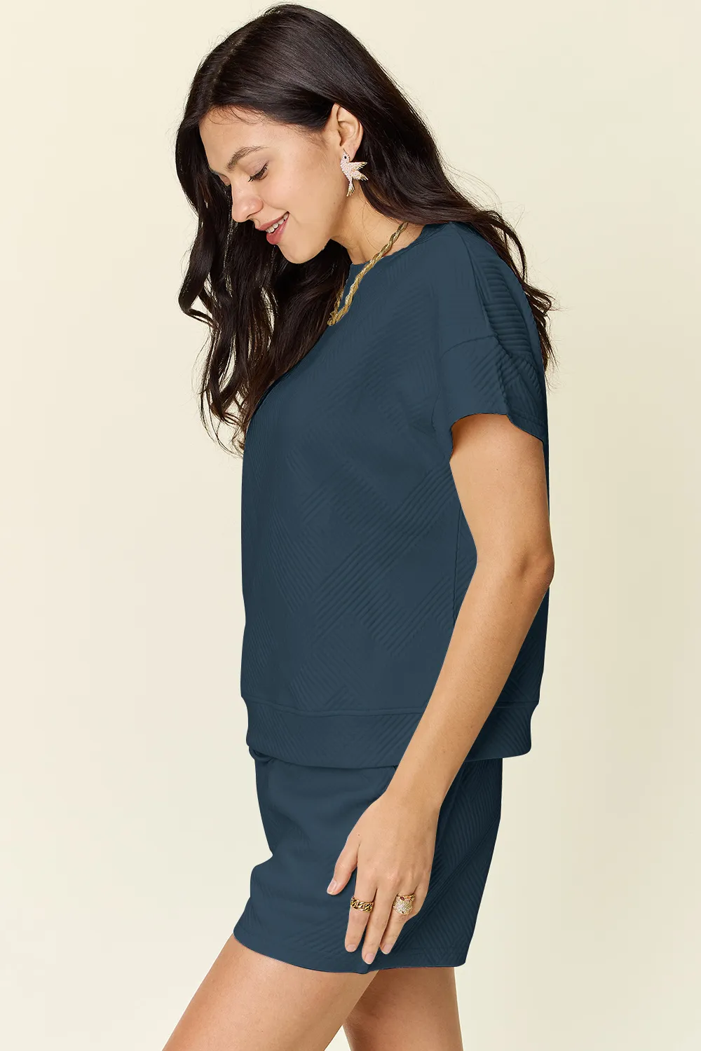 Full Size Texture Short Sleeve T-Shirt and Drawstring Shorts Set, image 27