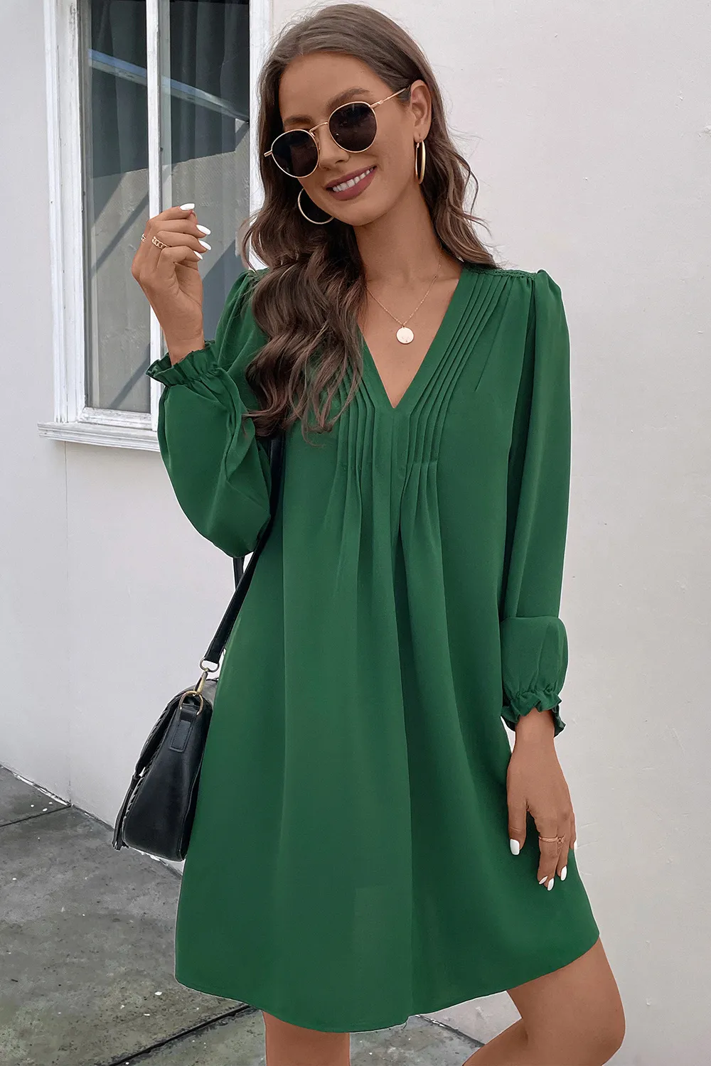 Ruched V-Neck Flounce Sleeve Dress, image 5