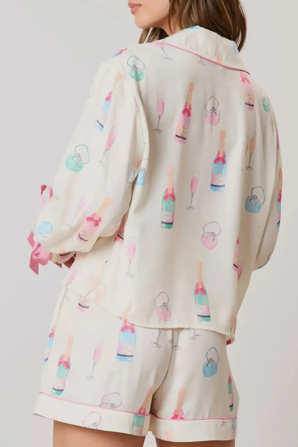 Bow Printed Collared Neck Top and Drawstring Shorts Lounge Set, image 9