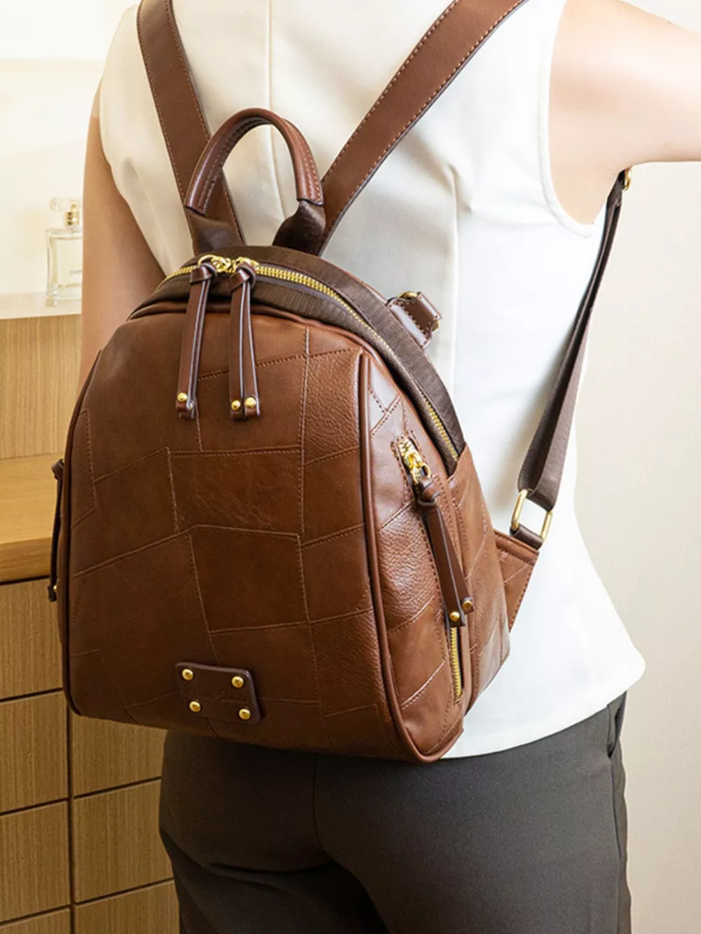 Patchwork Leather Convertible Backpack Bag, image 8