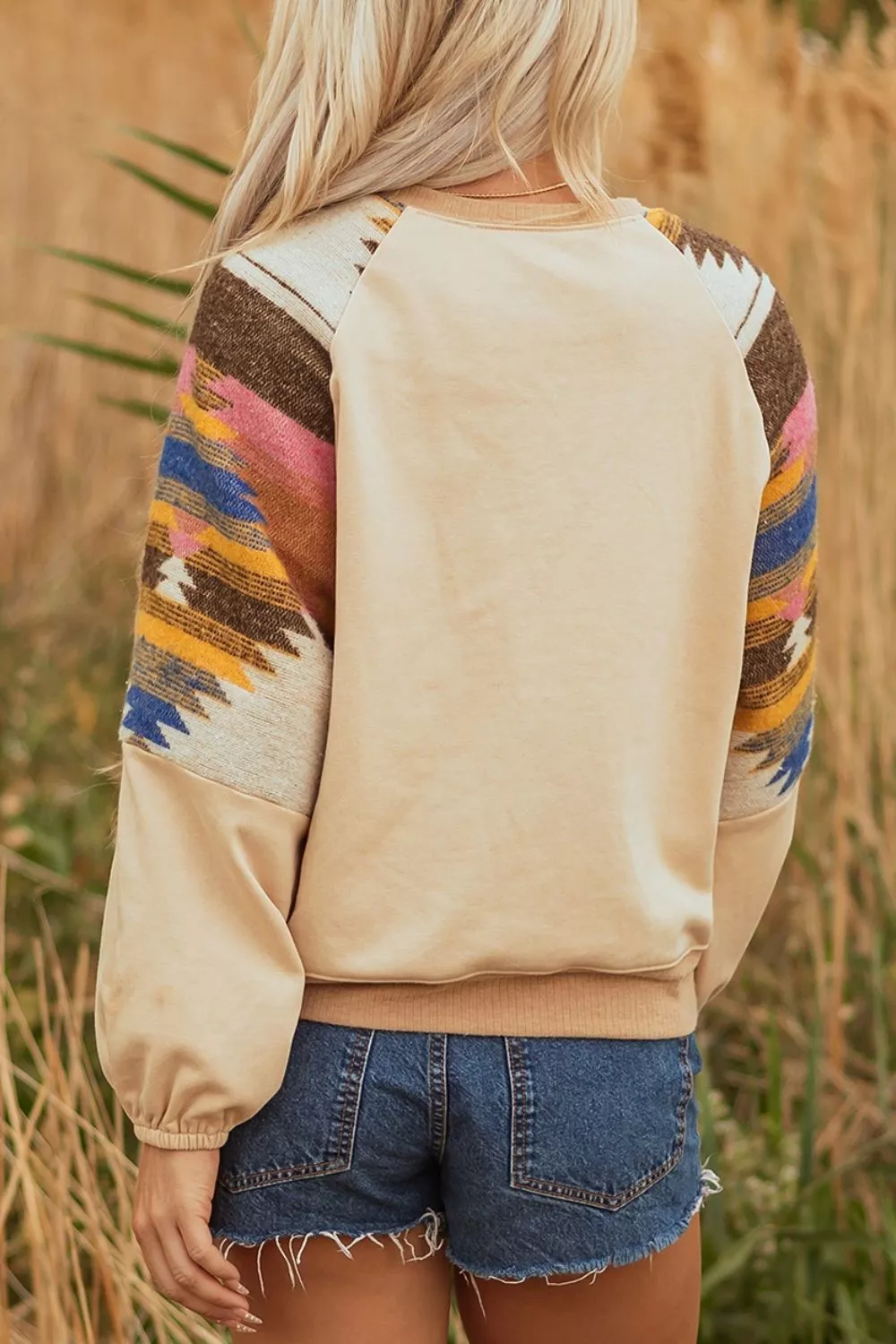 Aztec Bubble Sleeve Patchwork Western Sweatshirt, image 2