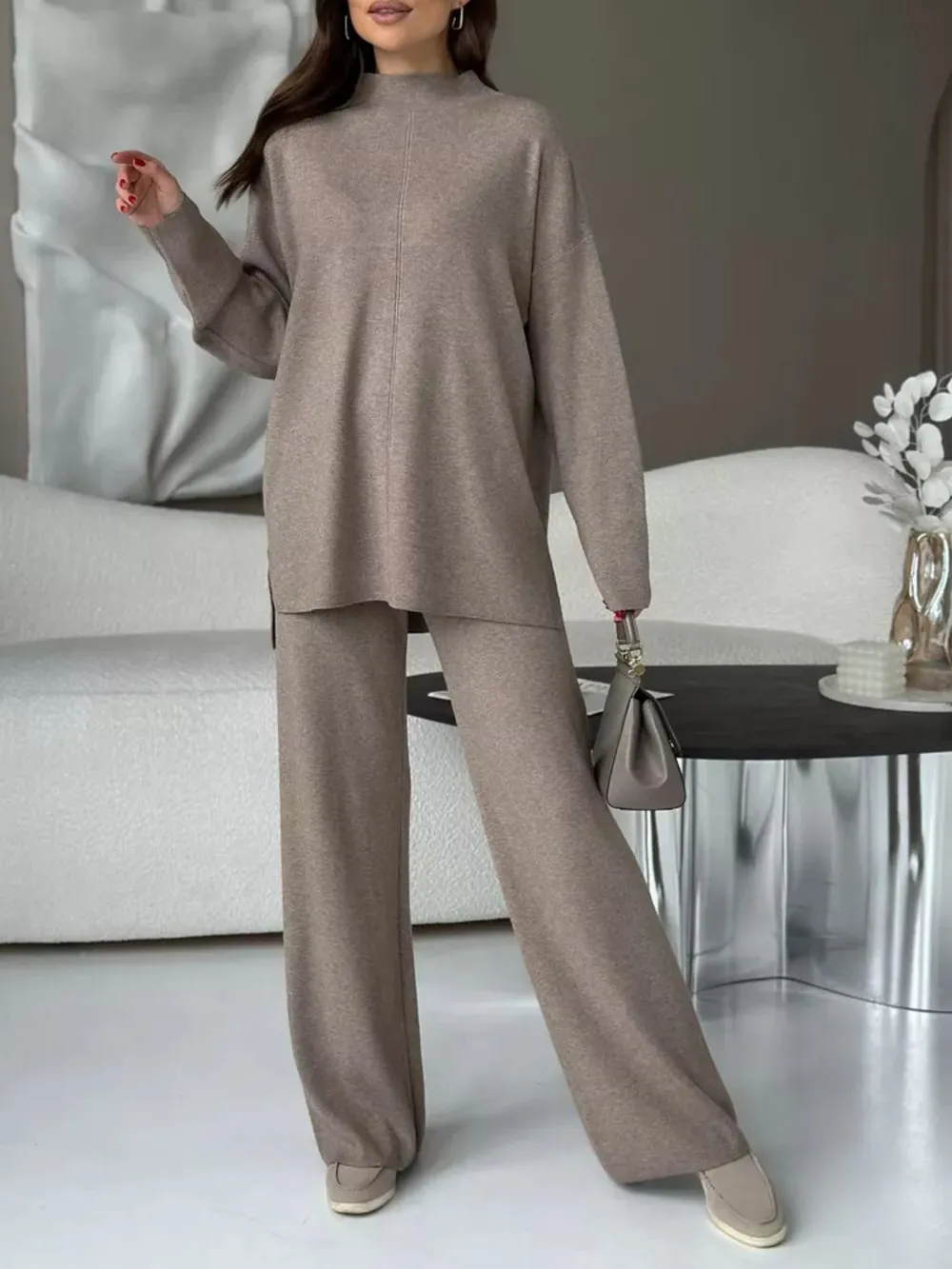 Slit Mock Neck Top and Pants Sweater Set, image 9