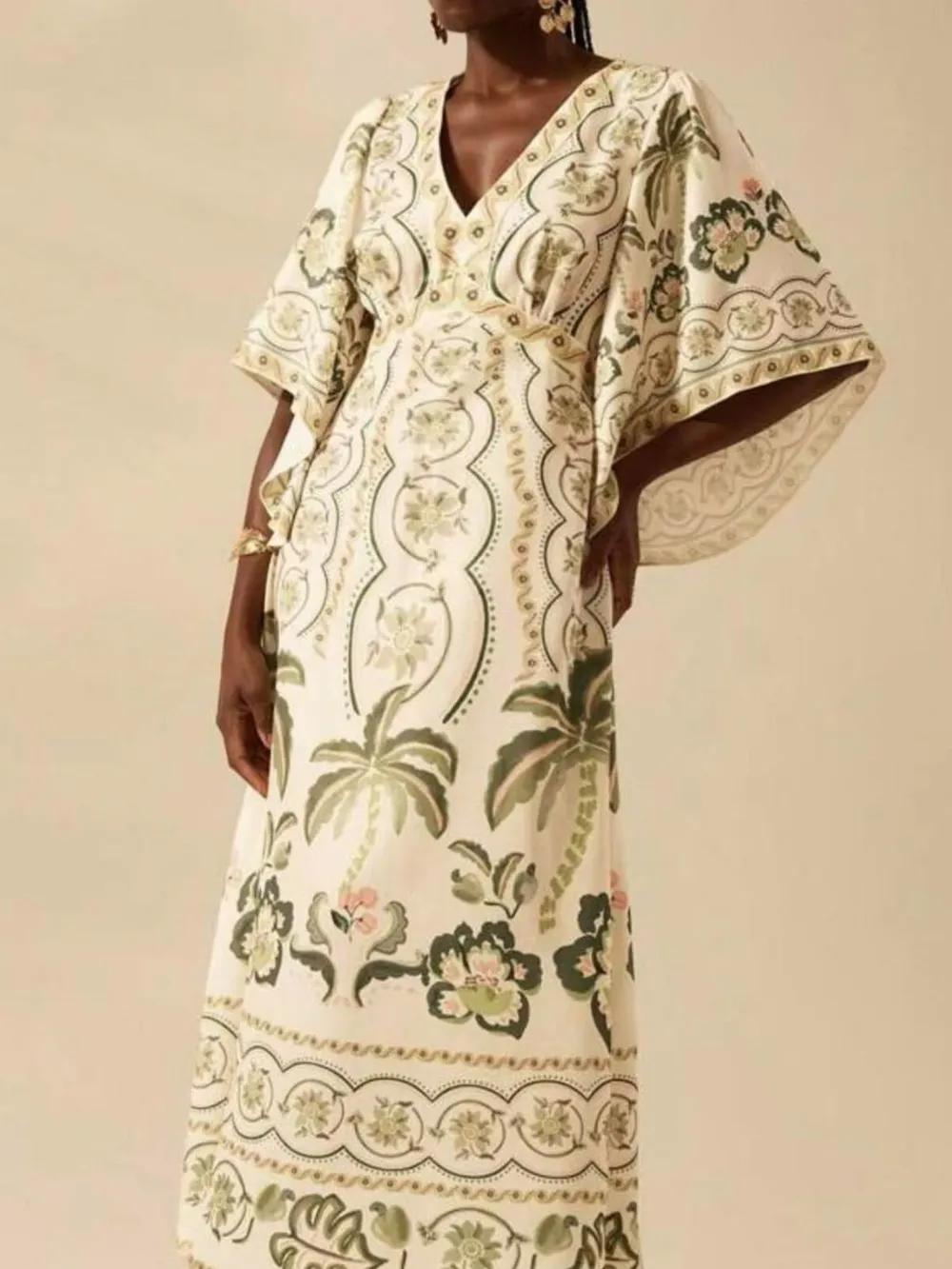 Palm Print V-Neck Midi Dress