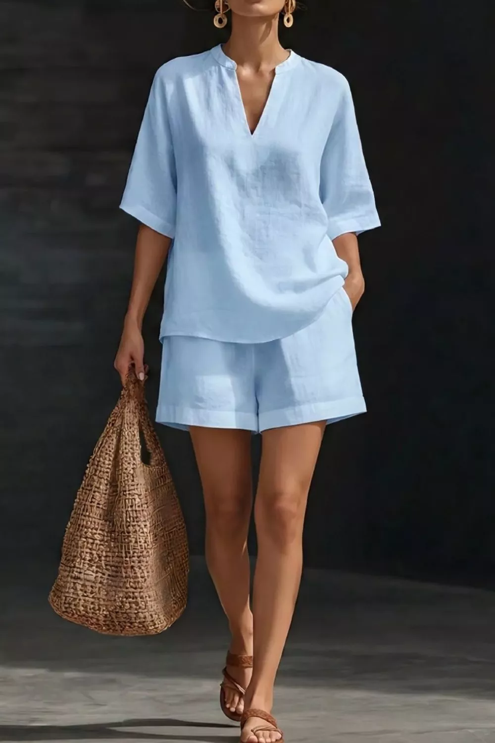 Notched Half Sleeve Top and Shorts Set, image 11