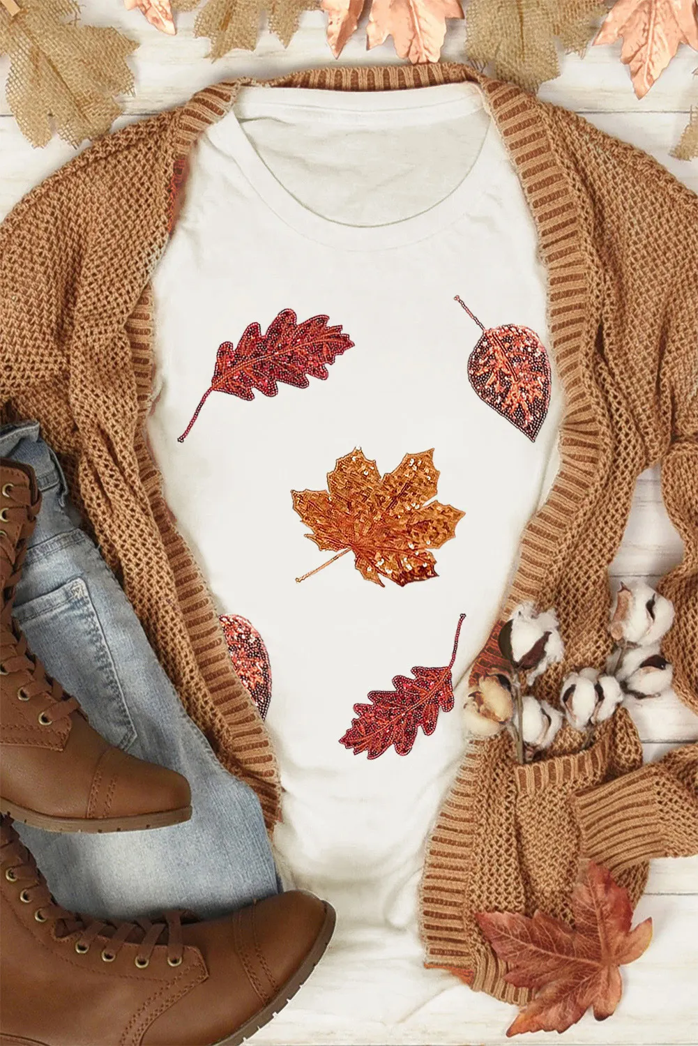 Maple Leaf Round Neck Short Sleeve T-Shirt, image 3