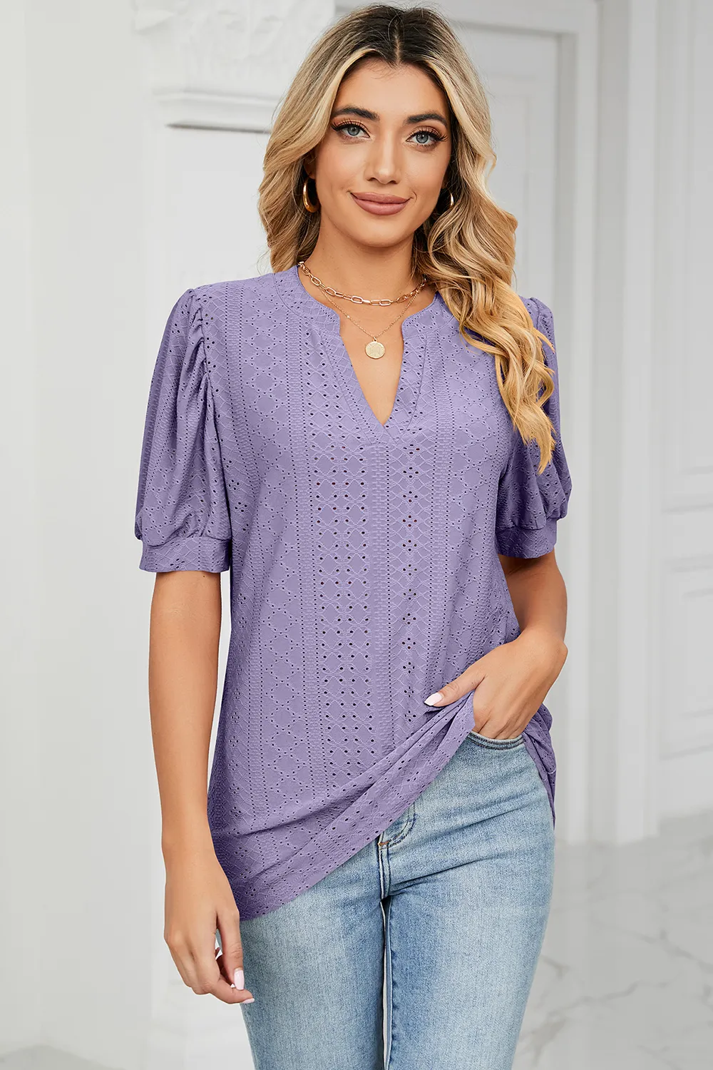 Eyelet Notched Short Sleeve T-Shirt, image 34