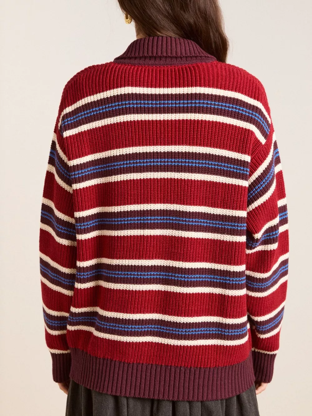 Striped Button Detail Polo Collar Sweater, image 4
