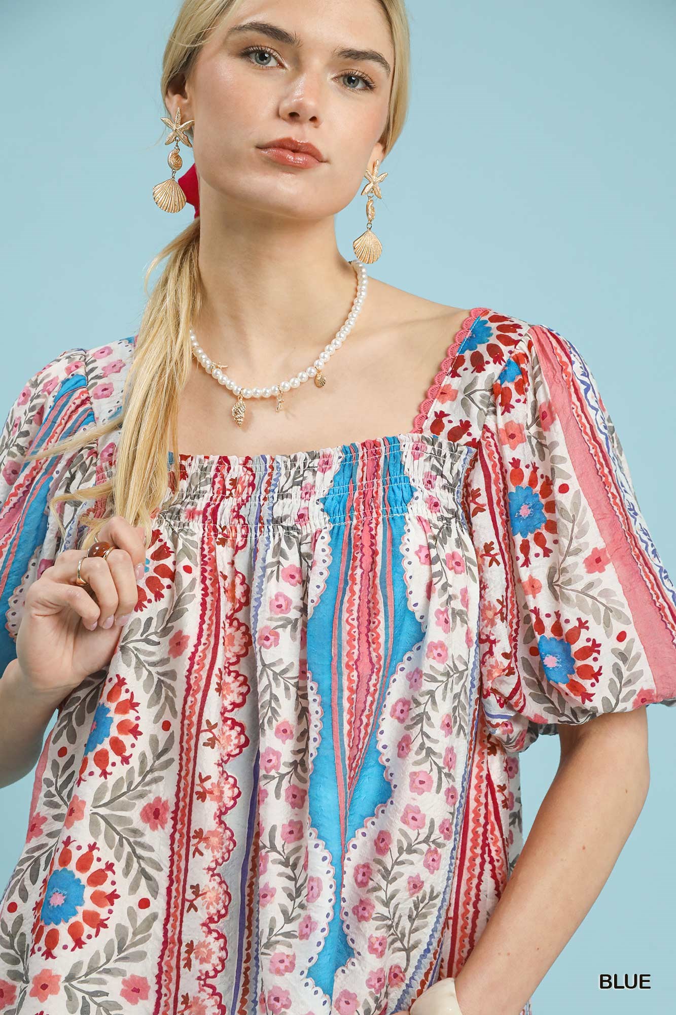 Patchwork Puff Sleeve Smocked Blouse, image 5