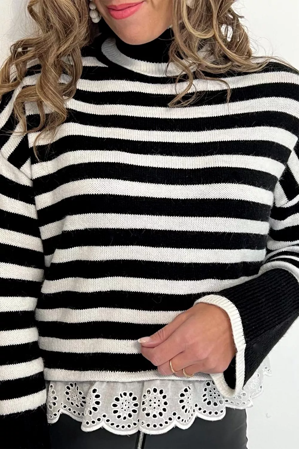 Striped High Neck Contrast Ruffle Detail Casual Sweater, image 5